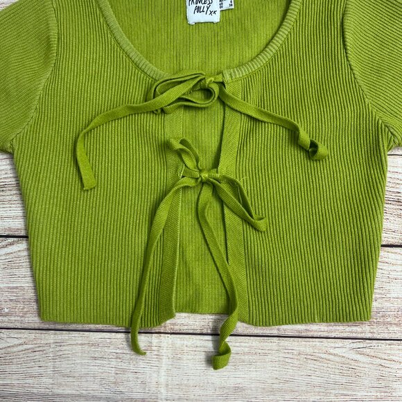 Princess Polly Womens 6 Crop Top Green Ribbed Tie Front Short Sleeve Y2K - Picture 11 of 11